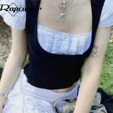 y2k Trim Button Crop Top Short Sleeve Knitted T Shirt Prepply Cute Square Collar Pullovers Women Summer Korean Tee