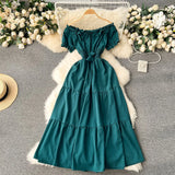 Dress Women's Dress Temperament Gentle Wind The Word Shoulder Bubble Sleeves Waist Shows Thin Fairy Dress Sweet Holiday Dress-Outfit