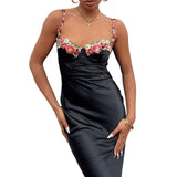 Women Sling Bodycon Flower Embroidery Long Dress Evening Party Summer Clothes Sleeveless Skinny Dress Sexy Club-Outfit