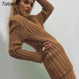 Knitted Turtleneck Striped Women Sweater Two Piece Set Green Long Sleeve Casual Set Women Autumn Warm Slim Partywear