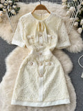 Lace Peal Button Mid Long Dress O Neck Short Sleeve Sheath Dress French Fragrant Waist Solid Streetwear Autumn