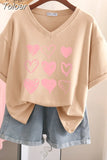 100% Cotton L-6XL T Shirt Plus Size Tshirt Short Sleeve Women Top Summer Heart Print Sweet V Neck Oversized T