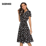 New Summer Print Floral Dress Women V Neck Short Sleeves Chiffon Bohemian Dresses Beach Midi Female Wrap Long