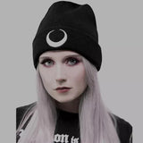 Dark Punk Black Knitted Caps Hats Harajuku Grunge Moon Graphic Print Autumn Woman Cap Beanies Warmer Cap Women's Cap-Outfit