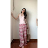 And Languid Temperament Short-Sleeved Top High Waist With Loose Pink Striped Broad Leg Trousers