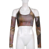 Retro Print Brown Halter Summer Tops With Arm Gloves Brown Vintage Cute Baby Tee New Fashion Cropped Woman