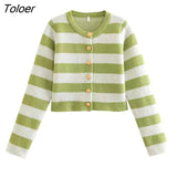Women Fashion O Neck Golden Breasted Striped Short Knitting Sweater Femme Chic Long Sleeve Slim Cardigan Coat Tops