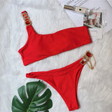 Toloer New Swimsuit Luxury Crystal Diamond Chain Female Split Swimsuit Plain Color One Shoulder Sexy