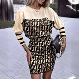 Independent Station Autumn New Fashion Printed Waist Round Collar Long-Sleeved Dress-Outfit