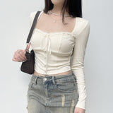 And Spicy Girl Neckline Lace-Up Long-Sleeved Blouse Women 2023 Pure Style Stylish Design Short Shoulder-Bottomed T-Shirt-Outfit