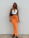 Vintage 90s Straight Long Skirt Women Y2K Sexy Solid Slim Elastic Waist Pencil Maxi Skirt 2000s Aesthetic