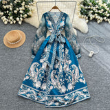 Retro Design Cross V-Neck Yarn Lantern Sleeve Strap To The Belt Print Big Swing Ponve