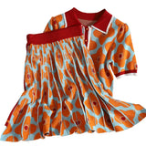 Korean OL Turn-Down Collar Short Sleeve Knitted T Shirts and Hit Color Patchwork Flower Skirts 2 Pieces Sets