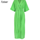 Elegant Lace Up Robe Dress Wrap Long Dresses Women Casual Loose Half Sleeve Cotton Linen Office Blazers Dress