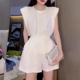 Green Loose Two Piece Set Womens Round Neck Sleeveless Tops High Waist Shorts Solid Minimalist Sets Female