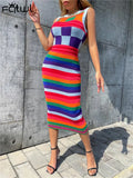 Autumn Crochet Midi Dress Clother For Women O Neck Sleeveless Patchwork Fashion Slim Dresses Streetwear Dress Female