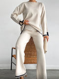 Women Casual Contrast Slit Sweater Suits O-Neck Knitted Pullover And Wide Leg Pants Female 2 Piece Set Elegant Warm Lilac