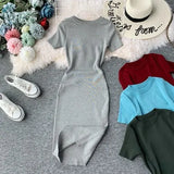 2022 New Short Sleeve Solid Vintage Women Dress Korean Knit Stretch Waist Elegant Dresses O Neck Bodycon Vestidos