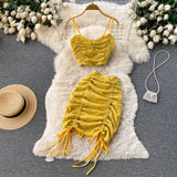 Lace Drawstring Women Summer Set 2022 Ruched Zipper Elastic Top Sexy Vacation Party Club Mini Skirt Two Piece