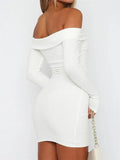 Slash Neck Off Shoulder Short Mini Pencil Dress for Women 2023 Long Sleeve Spring Fall Ribbed Slim Fit Dress Vestidos-Outfit