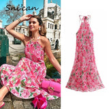 Print Crincle Midi Dress Halter Backless Knot Tie Oversize Long Dresses With Lining Pink Fashion Summer Casual