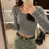 Short Soft Waxy Sweater With Square Collar And A New Short Long-Sleeved Blouse For Women In Autumn And Winter-Outfit