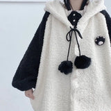 Autumn Winter Kawaii Hoodies Women Japanese Soft Girl Lambswool Cute Panda Ear Oversized Hoodie Preppy Style Button