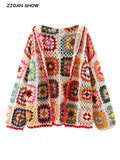BOHO Colored Plaid Flower Hand Crochet Hooded Cardigan Ethnic Woman Open Stitching Full Sleeve Sweater Beach Short Jumper-Outfit