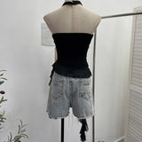 Shooting Hottie Letter Hot Diamond With Chest Pads To Wear Chest Vest Irregular Mesh Ribbon Hanging Neck Sleeveless Top
