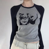 Portrait Printed Shoulder-Inserted Long-Sleeved T-Shirt 2024 New Retro Slim And Skinny Bottom Shirt-Outfit