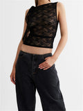Lace Floral See Through Tank Tops for Women Mesh Sheer Sleeveless Tassels Sexy Black Slim Mini Vests Streetwear 2023-Outfit