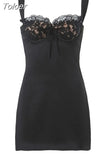 Spring Summer New Sexy Casual Lace Stitching Wavy Collar Halter Straps Bag Hip A-Line Short Mini Dress