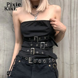 Metal Adjustable Buckle Asymmetric Tops Goth Sexy Clothing Trendy Backless Crop Top Black Y2k Streetwear