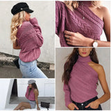 Shoulder Turtleneck Sweater Women Long Sleeve Twist Knitted Sexy Female Sweaters 2021 Spring White Vintage Pullover Top