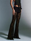 Sexy Women Summer Fashion Club Pants Black High Waist Mesh Sheer See Through Lace Floral Long Flared Pants Bottoms-Outfit