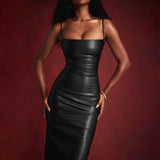 Toloer Women's Sexy PU Slip Dress Slim Back Strap Wrap Hip Long Skirt Slit Dress-Outfit