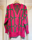 Free Shipping Women's Casual Oversized Cardigan Knitted 2022 Fall New V-Neck Lantern Long Sleeve Single-Breasted Printed