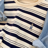 Striped Short-Sleeved Embroidered T-Shirt Women's Summer New Design Chic Loose Leisure All-Purpose Commuter Shirt-Outfit