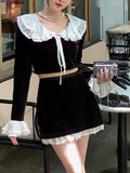 Piece Set Women Outfits Elegant Black Velvet Dress Set Long Sleeve Y2k Crop Top + Mini Skirts Korean Fashion Suit 2022