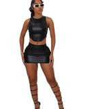 Toloer Fall Women's Fashion Suit PU Sleeveless Vest Cover Hip Short Skirt Suit For Women-Outfit