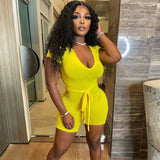Summer Casual Yellow Rompers Womens Bodycon Jumpsuit Short Sleeve Belt Ribbed Rompers Playsuits One Piece Outfits