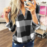 Size Women's Blouse Shirts Autumn Long Sleeve V-neck Loose Tops Elegant Ladies Office Blouses Womens Plaid Tops and