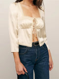 Elegant Women Long Sleeve T-shirts Tops Square Neck Lace Trim Tie Up Cardigans Crop Tops Party Club Streetwear 2024-Outfit