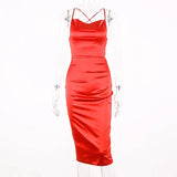 2020 Satin Sleeveless Cross Lace Up Backless Sexy Mid-Calf Dress Women Spaghetti Strap Dresses Club Party Outfits