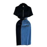 Port Style Retro Denim Dress Girl Design Bump Color Splicing In The Long Short-Sleeved Temperamental