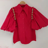 White Patchwork Diamonds Shirts For Women Lapel Puff Short Sleeve Straight Korean Blouses Female New Summer
