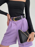 New Summer Women's High-waisted Cuffed Solid Color Wide-leg Pants Fashion Overalls Women's Shorts Casual Five-point