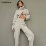 2022 Autumn New Women's Turtleneck Knitted Sweater Set Elegant Long Sleeve Pullover & Elastic Pants 2-Piece Casual Women's