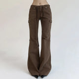 Tie With Hot Girls Multi-Pocket Design Fashion Jeans 2024 Casual Solid Color Button Flared Trousers-Outfit