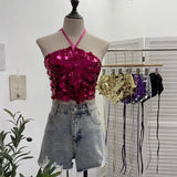 Heavy Industry Bling Bling Glide Hanging Neck Sling Vest One-Style Wrapping Tie With Large Bare Back Blouse